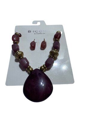 B.iconic Necklace & Earring Set Gold & Purple Beads Womens Jewelry New